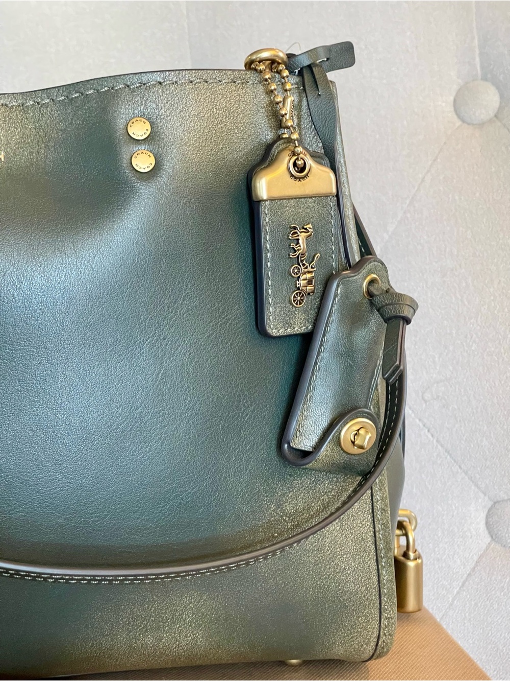 Coach Loved Leather Rogue 31 Brass/Green Rub-Off Soft Full Grain Leather NWT - Picture 4 of 16
